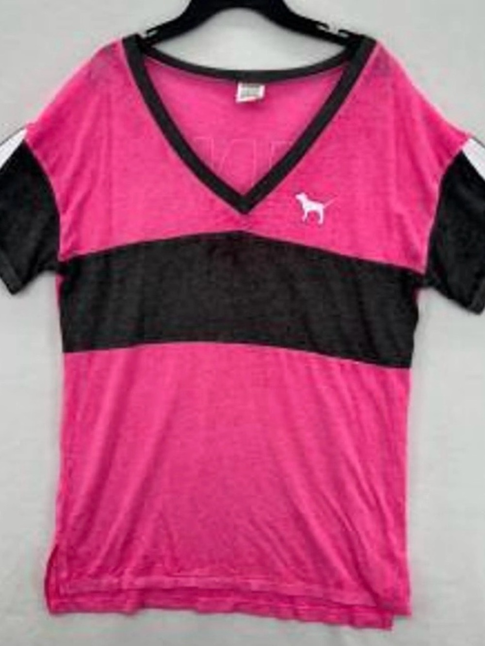 PINK Victoria's Secret Hot Pink Tee with Black Stripe and V-Neck